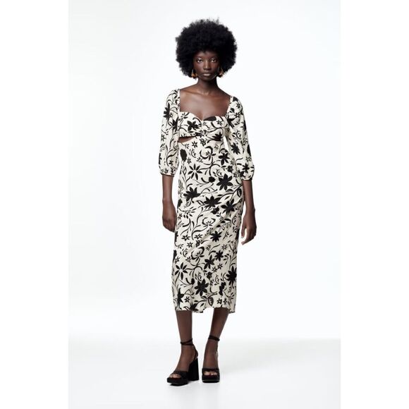 NWT Zara Blogger’s Favorite Linen Floral Gathered Short Puff Sleeves Midi Dress - Picture 2 of 16